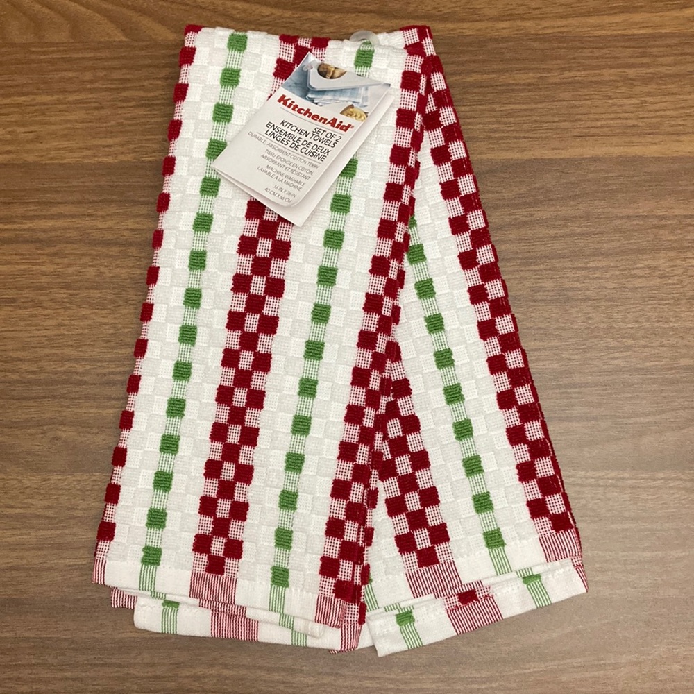 KitchenAid set of two kitchen towels, red green white check style #2